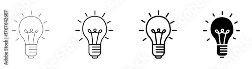 A set of versatile lightbulb icons representing bright ideas, innovation, creativity, and solutions in various outline and solid styles for modern design projects.