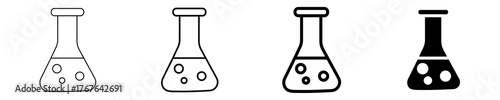 A comprehensive set of four distinct minimalist conical flask icons, depicting bubbling liquid for laboratory, science, and research-related vector designs, ideal for chemical experiments.