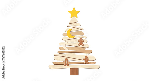 Festive wooden christmas tree with star and gingerbread decorations