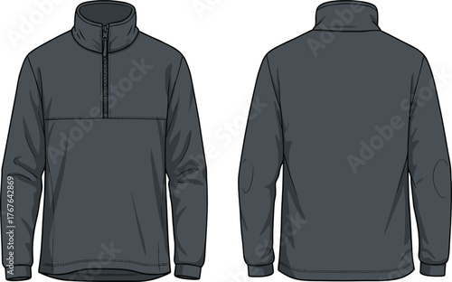 Dark gray pullover jacket vector illustration with front zipper, high collar, back elbow patches, fashion apparel design for clothing template