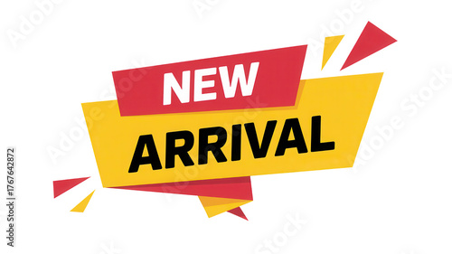 Bold red and yellow new arrival sale banner with geometric accents isolated on transparent background