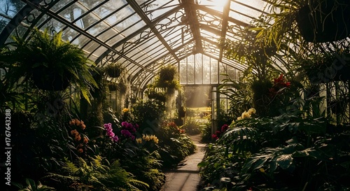 Sunlight streams through the glass roof of a lush, vibrant greenhouse