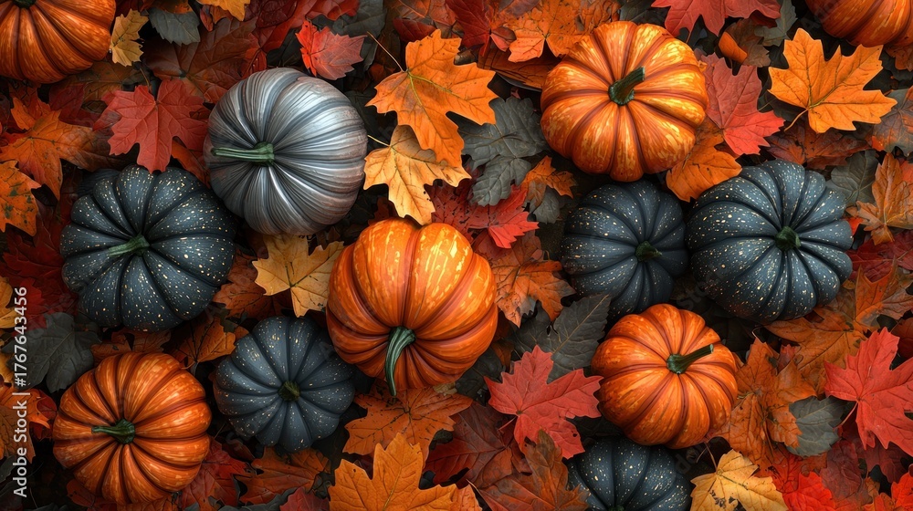 Fototapeta premium A colorful autumnal scene with pumpkins and leaves.