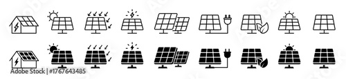 Solar panel icon set. Eco friendly clean energy and sun-powered electricity. Vector illustration.
