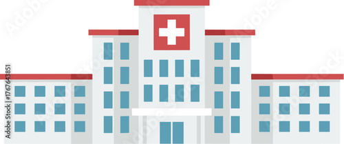 Flat Style Detailed Hospital Building With Red Cross Sign and Windows