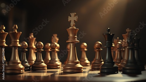 adversary. Chess king piece surrounded by opponents on wooden board, dramatic lighting. event key visuals, club posters, designed for fitness apps and gym onboarding, used by event planners.