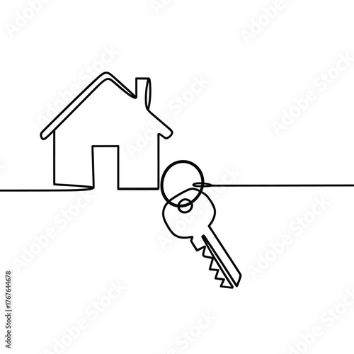 Minimalist continuous line drawing of a house and a key
