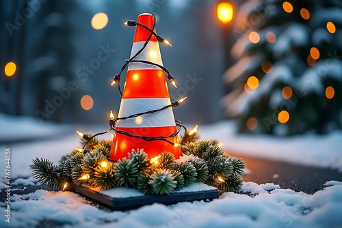 Traffic cone decorated with Christmas lights in snowy environment  