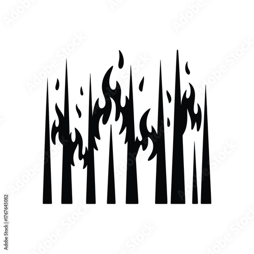 Silhouette of forest fire with stylized flames and trees