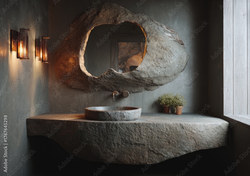 Obraz premium A rustic bathroom with a stone sink, mirror, and counter with warm light fixtures