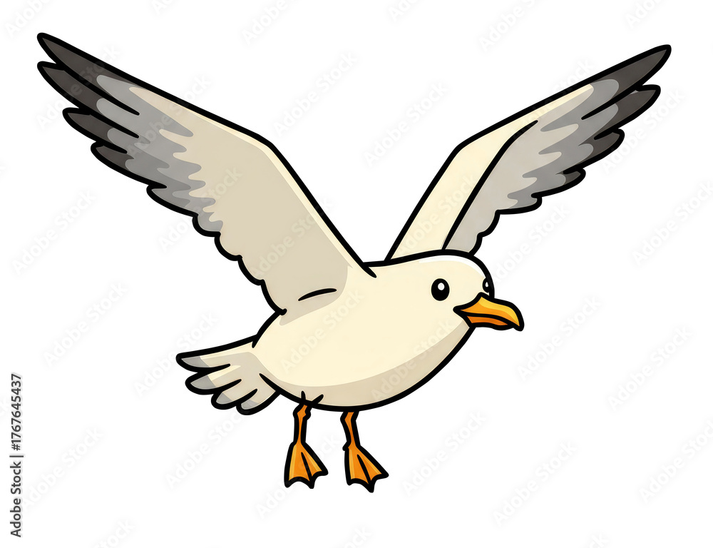 Obraz premium Cute cartoon seagull flying with wings spread. Funny white bird character for children book illustration or marine design. Isolated flying bird on transparent background.