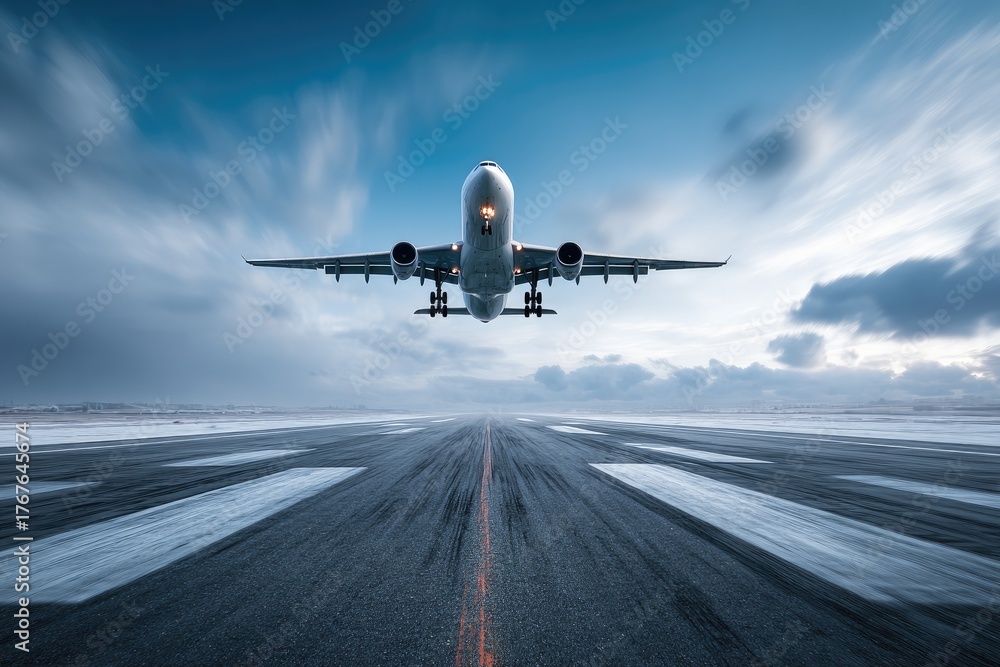 Naklejka premium Aircraft taking flight from a snow-covered runway into a cloudy, blue sky