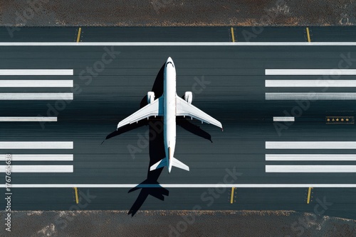 Aerial view of a commercial airplane landing on a runway