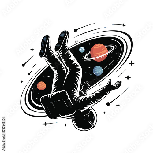 Astronaut floating in space with planets and stars, black and white illustration, isolated on white background