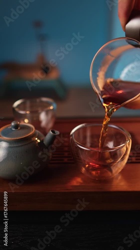 Enjoy a serene tea ceremony in a tranquil atmosphere, Close-up vertical video