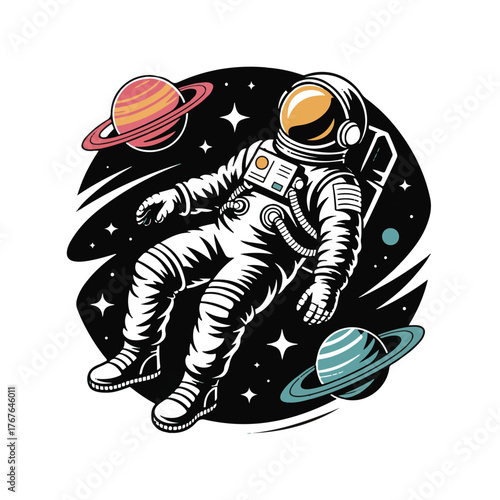 Astronaut in a spacesuit floating among planets and stars in outer space, isolated on white background