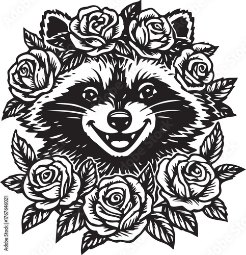 adorable trendy raccoon with roses