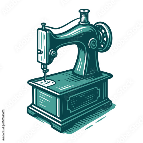 Vintage Sewing Machine Hand Drawn Linocut Illustration