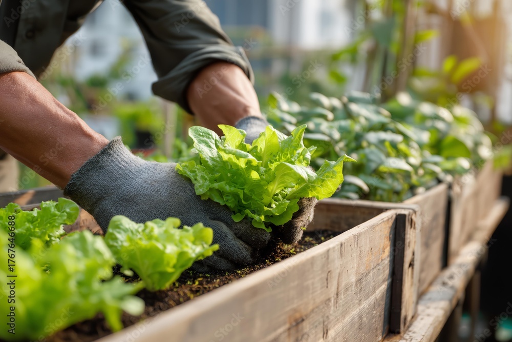 Fototapeta premium Person is planting lettuce in a garden