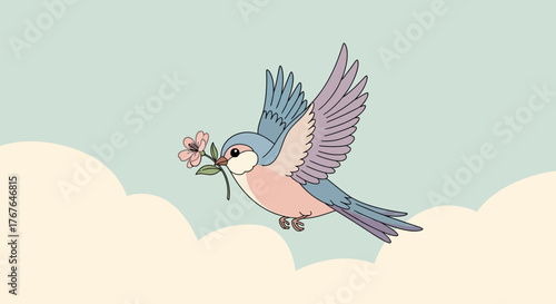 Cute bird flying with flower among clouds in pastel cartoon style