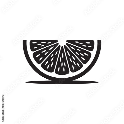 Black and white graphic illustration of a citrus fruit slice with seeds food