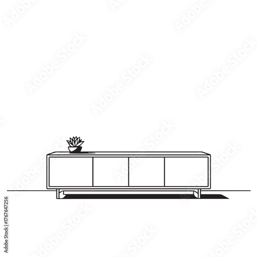 Long, low modern media console or sideboard with four cabinets and a small potted plant, isolated on white background