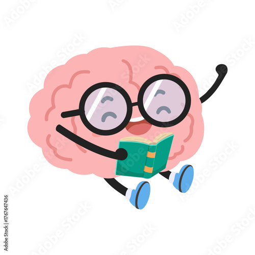 Cartoon Brain Reading a Book Mascot