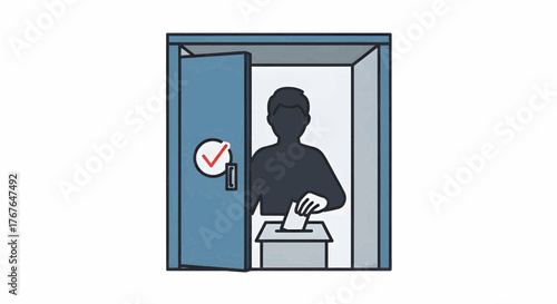 Vector illustration depicting a person discreetly casting a ballot inside a voting booth on Election Day, symbolizing the fundamental democratic process and civic duty