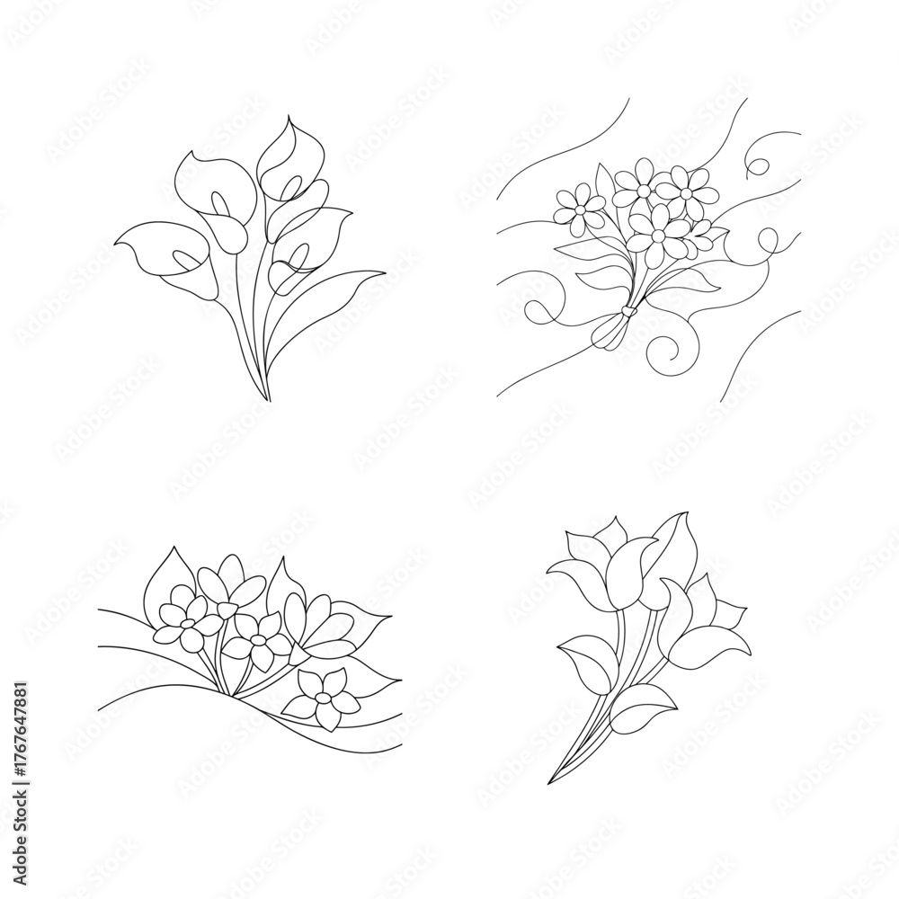 Fototapeta premium Floral arrangements line art flowers calla lily