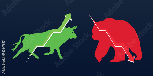 Bull and bear stock market concept vector illustration. Bullish and bearish market. Investment and business background
