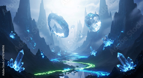 Mystical Crystal Valley with Glowing River and Floating Orbs in Fantasy Landscape