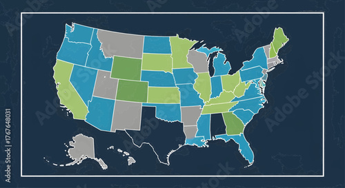 Dynamic vector illustration of the United States map, visually segmenting states with distinct colors, ideal for comprehensive Election Day data analysis and nationwide political outcome presentations