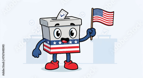 Vector illustration of a happy ballot box character holding an American flag, ready for Election Day, symbolizing patriotic voting and democratic participation
