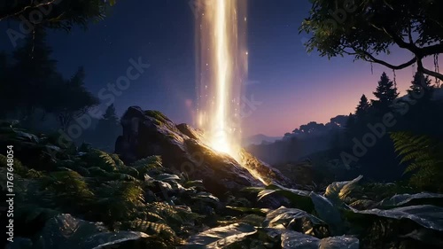 Mystical Forest with Golden Light and Mossy Rocks at Twilight