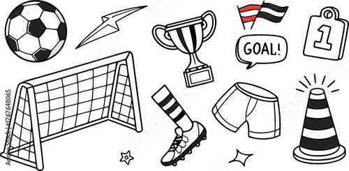 A collection of hand-drawn style illustrations of soccer-related items, arranged across a white background. The central subject is a soccer ball in the upper left corner, adjacent to a goal net. Other