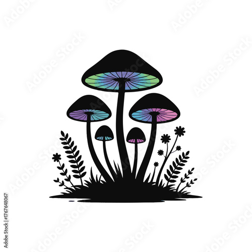 Psychedelic mushrooms with colorful gills and silhouette plants isolated on white background