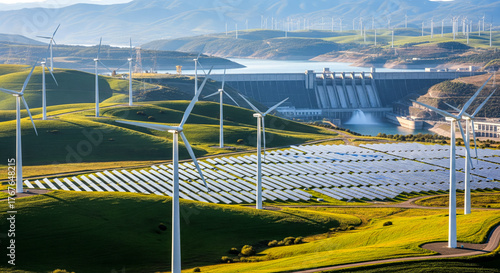 Panoramic vista renewable energy landscape wind turbines solar panels hydroelectric dam water release clean energy solution green technology sustainable power generation