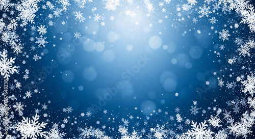 Falling Snowflakes and Bokeh Lights on Blue Winter Background