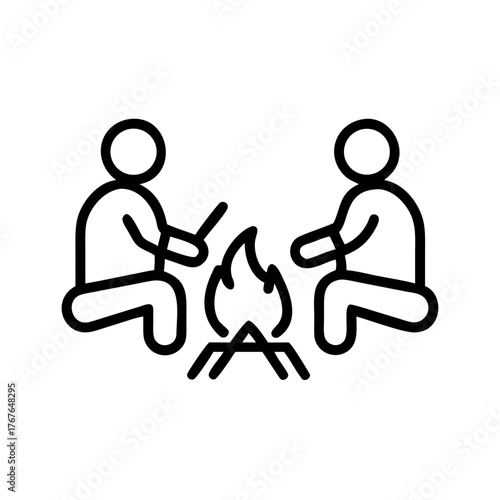 Friends roasting marshmallows around a campfire at night