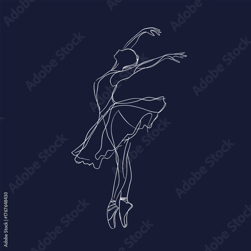 Graceful illustration of a ballet dancer in mid-performance, drawn in elegant minimalist line art, perfect for art prints, dance branding, and editorial design