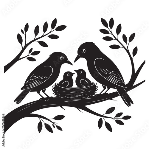 Silhouette of a bird family with two parents and three chicks in a nest on a tree branch