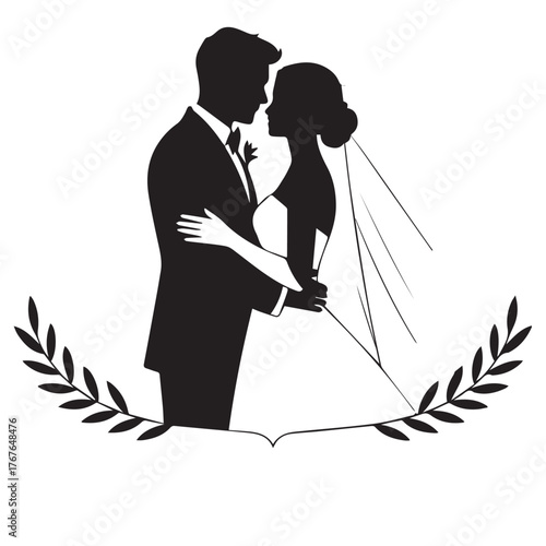 Silhouette of a bride and groom embracing, framed by a laurel wreath, symbolizing love and marriage