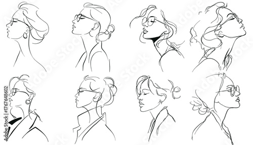Collection of elegant minimalist line art portraits of women wearing glasses, showcasing different hairstyles and fashion styles. Perfect for fashion branding, editorial illustration, modern design