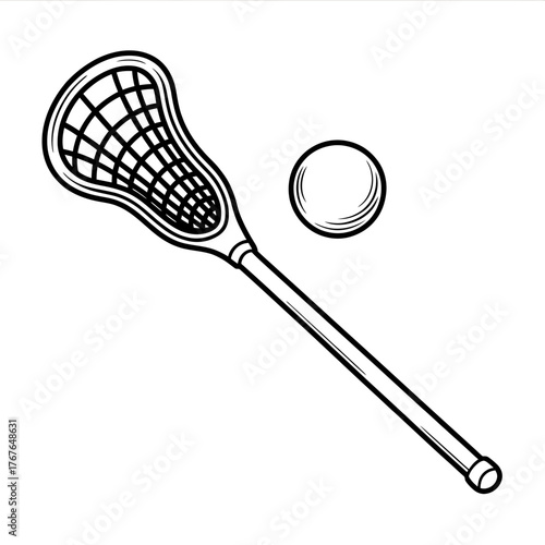 Lacrosse stick and ball outline drawing for sports equipment designs and athletic event illustrations in vector format