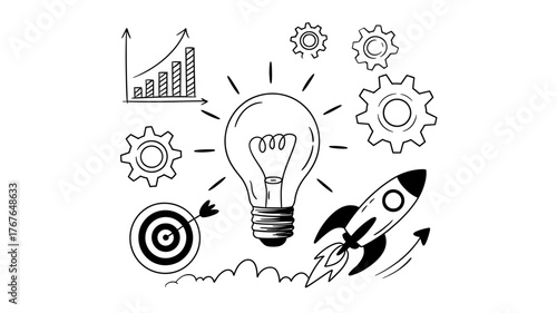 Creative Innovation and Startup Concept Idea Featuring Lightbulb Gears Rocket and Growth Chart Depicting Business Success and Strategy