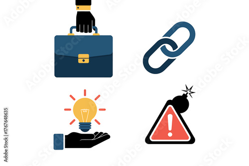 Business Metaphors Showing Success Linking Ideas and Risks Hand Holding Briefcase and Bomb