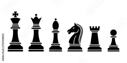 Classic Chess Pieces in Black Silhouette King Queen Bishop Knight Rook and Pawn Strategic Game Elements