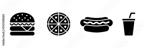 Fast food icons set with burger pizza hot dog and drink simple black and white design for menus and digital applications