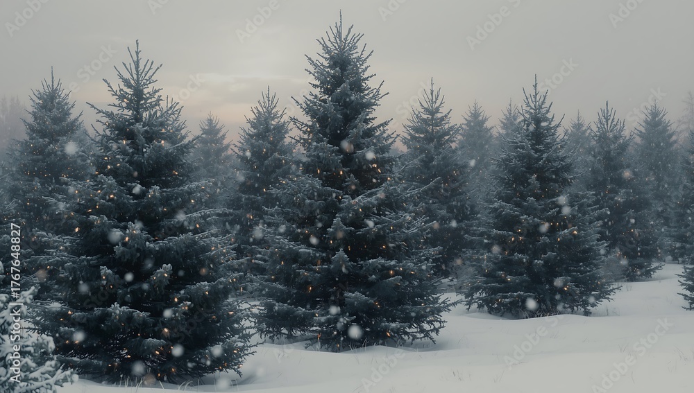 Fototapeta premium Winter christmas tree farm scene with snow falling and evergreen trees landscape view