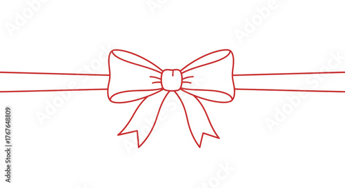 Elegant red ribbon bow on white background in linear style